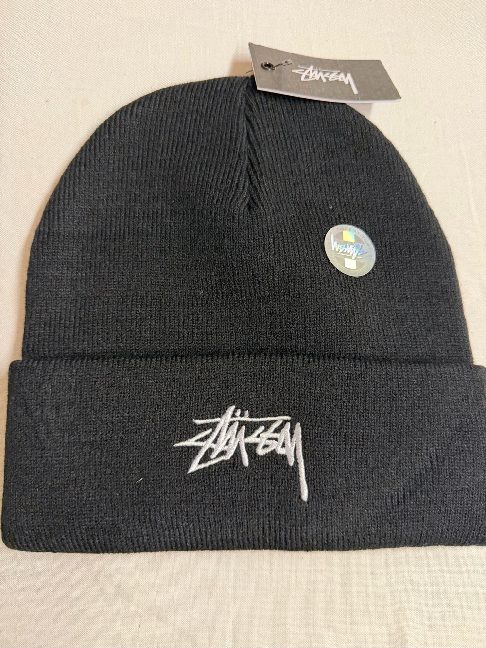 Stussy Black Beanie with White Script Logo